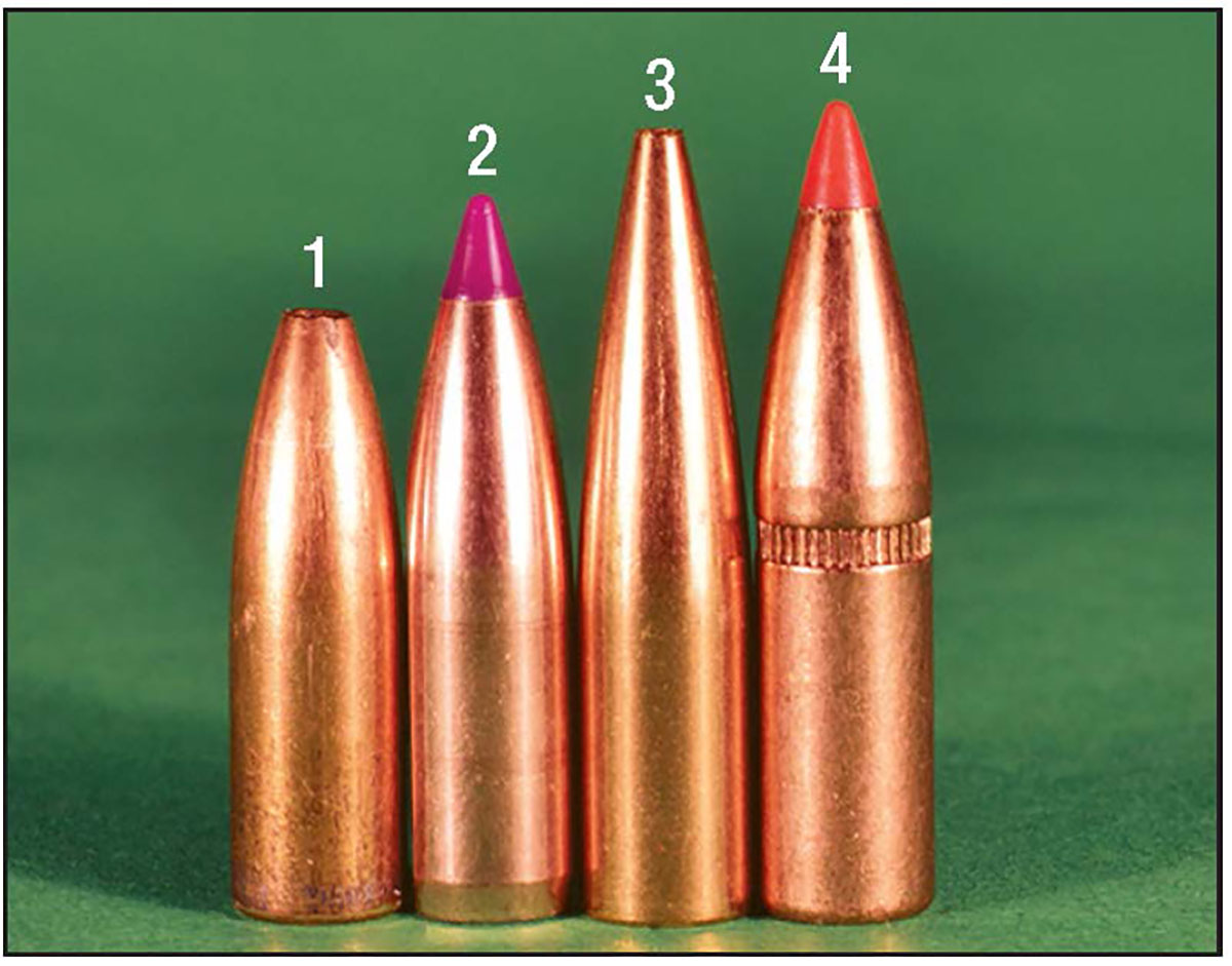 Heavy bullets tested include the (1) Sierra 75-grain HP, (2) Nosler 80 Ballistic Tip Varmint, (3) Berger 88 LD and the (4) Hornady 95-grain SST.